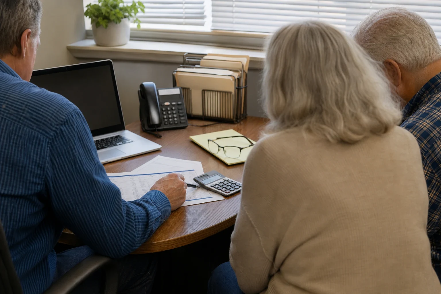 Agent at a round office desk reviewing a printed sheet with an older couple, with a calculator, notepad, reading glasses, laptop and desk phone by a window with blinds