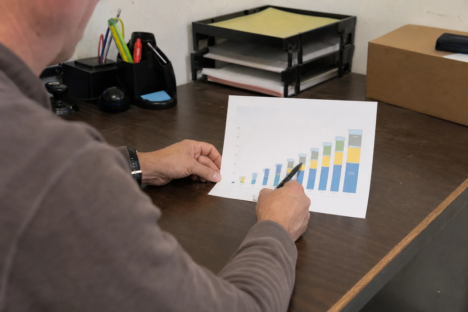 Man at a wood office desk pointing a pen at a printed bar chart, with letter trays, a pen holder and a cardboard box in the background