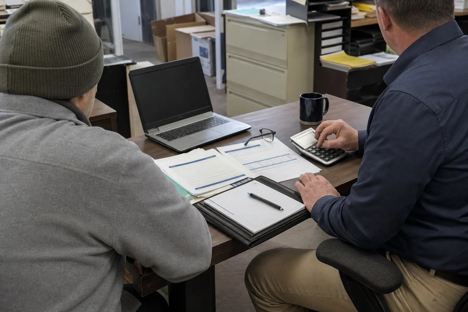 Two men seen from behind at an office desk reviewing printed statements, one tapping a calculator beside a notepad, laptop and coffee mug, with filing cabinets behind